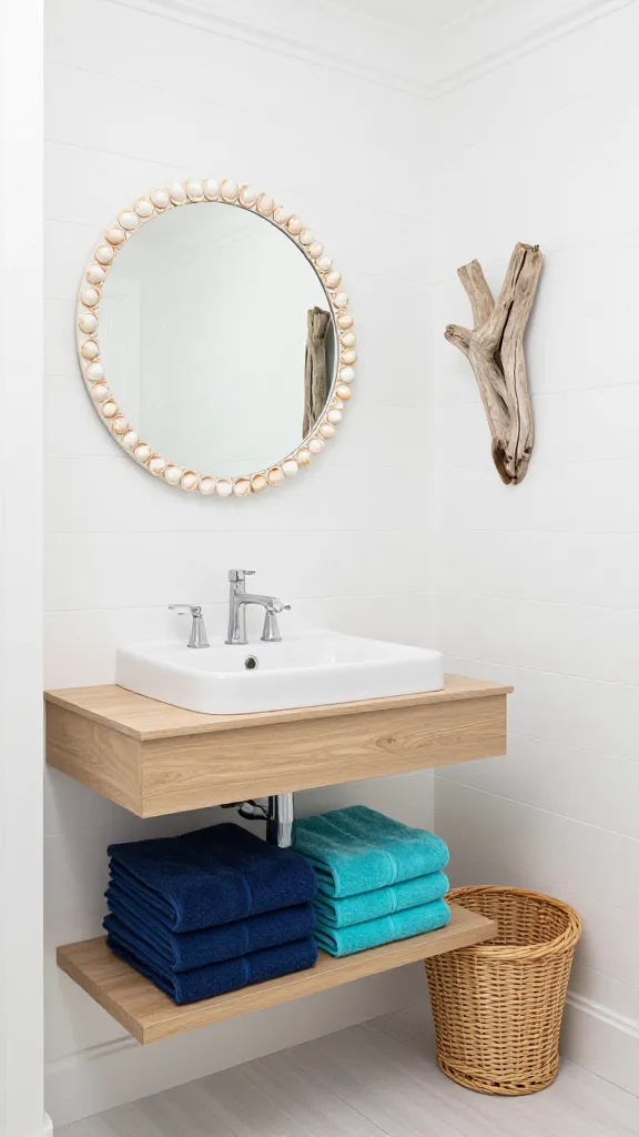A high-quality, bright, and airy photograph capturing a small, elegantly designed coastal chic bathroom. Crisp white shiplap walls and pristine white trim create a clean canvas. A light natural wood floating vanity with a simple white basin is positioned beneath a stunning round mirror, artfully edged with natural seashells. Plush, neatly folded towels in a mix of deep navy blue and refreshing aqua are stacked on a small, open shelf. A compact, woven wicker hamper sits discreetly in a corner, adding organic texture. A tasteful piece of bleached driftwood art adorns an adjacent wall, enhancing the serene, breezy seaside escape ambiance. Soft, diffused natural light fills the space, emphasizing its fresh, inviting, and expensive-looking aesthetic. No text.