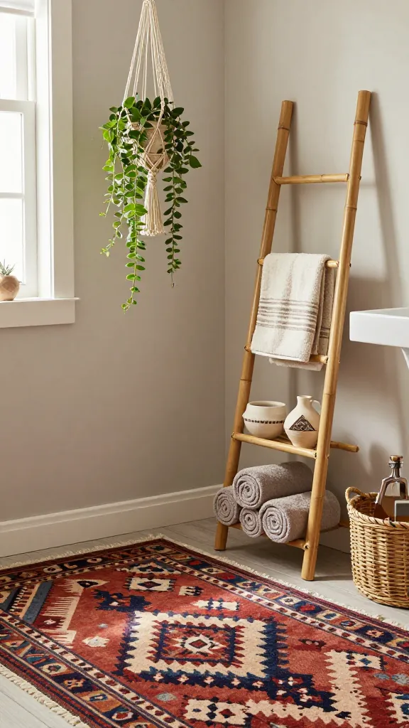 A high-quality, realistic photo capturing a small, budget-friendly bathroom transformed into a warm Boho Oasis with Global Flair. The scene showcases a vibrant, intricately patterned Kilim-style rug on the floor, immediately drawing the eye. A macrame plant hanger with a lush, trailing green plant adds natural texture and life, hanging near a window. Leaning against a light, neutral wall is a slender bamboo ladder shelf, artfully displaying rolled, plush towels and a few unique, handcrafted ceramic pieces. The space exudes a curated, collected feel with a mix of earthy tones, natural wood accents, and subtle patterns from woven elements and textiles. Soft, inviting natural light fills the room, highlighting the rich textures and creating a cozy, wanderlust-inspired atmosphere that looks expensive. No text on image.