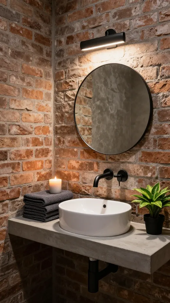 A realistic, high-quality photograph of a small industrial-style bathroom, artfully blending raw textures with inviting softness. The focal point is a textured exposed brick wall, illuminated by warm, ambient light. A minimalist concrete-look vanity shelf supports a sleek white vessel sink, complemented by a wall-mounted matte black faucet. Above the sink, a simple round mirror is framed by a matte black industrial-style sconce, casting a gentle glow. On the vanity, a stack of plush charcoal gray towels, a lit scented candle in a ceramic holder, and a small vibrant leafy plant in a black pot add unexpected warmth and softness, creating a perfectly balanced raw yet refined aesthetic. Sharp focus, high resolution, no text.