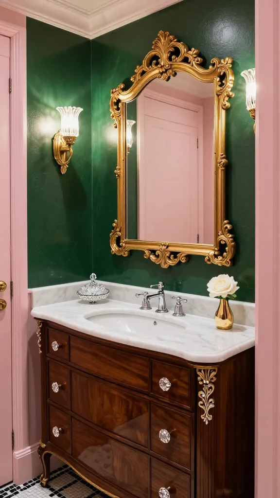 A realistic, high-quality photograph captured with a professional camera, showcasing a luxurious and compact vintage glam powder room. The centerpiece is an intricately ornate, large gold-framed mirror positioned above a sleek, dark wood vanity with a polished white marble countertop. The vanity drawers are adorned with sparkling crystal knobs. A single, elegant art deco-style brass and crystal sconce casts a warm glow, mounted against a deep emerald green accent wall that subtly shimmers. The surrounding walls are painted in a soft, complementary blush pink, enhancing the opulent feel. Reflective surfaces are abundant, from polished chrome fixtures to the glossy finish of the vanity, creating a dazzling effect. The floor features a classic black and white mosaic tile pattern. A delicate crystal soap dish and a small, fresh white rose in a tiny gold vase accessorize the vanity, adding to the maximalist charm without clutter. The lighting is soft and inviting, highlighting every luxurious detail. No text, no people.