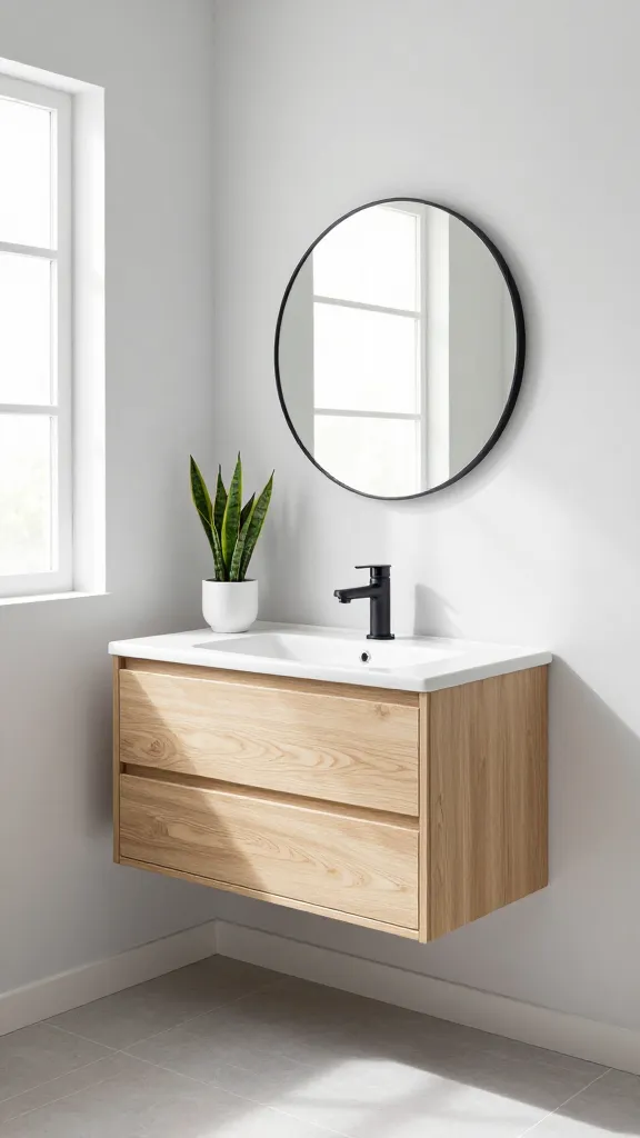 A bright, high-quality photograph captures a meticulously designed small Scandinavian bathroom, emphasizing functionality and understated elegance. The walls are painted in a pristine off-white or very light gray, creating an immediate sense of spaciousness. A minimalist floating vanity crafted from light birch wood provides subtle warmth and storage. Above it, a large, simple round mirror with a thin black frame reflects abundant natural light streaming in from a strategically placed frosted window. The sleek white ceramic sink is paired with a modern matte black faucet, offering a sophisticated, subtle contrast. On the vanity, a single vibrant green snake plant in a simple white ceramic pot adds a touch of life. The floor is covered in large format light gray tiles, contributing to the clean, uncluttered, and airy aesthetic, making the compact space feel luxurious and expansive.