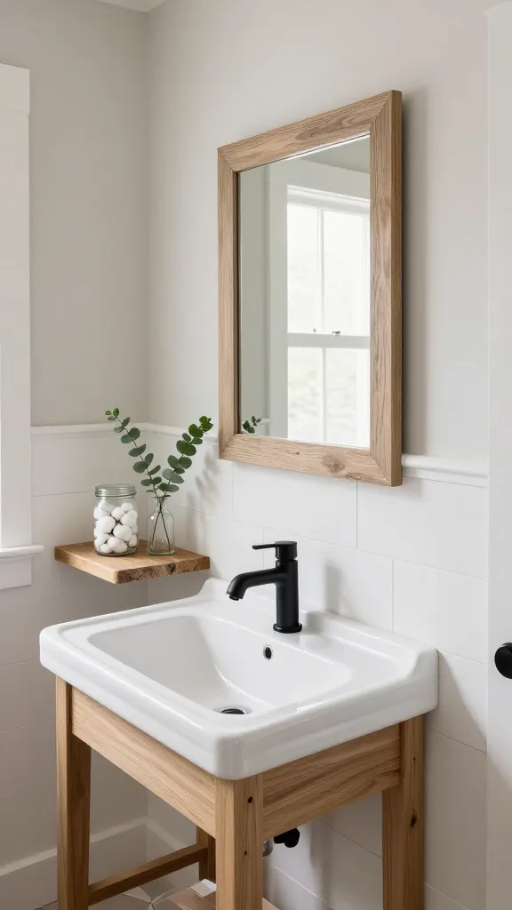 A high-quality, realistic eye-level photograph of a small, inviting modern farmhouse bathroom. The focal point is a crisp white ceramic sink with a sleek matte black gooseneck faucet, set into a simple light wood vanity. Above the sink hangs a rectangular mirror with a subtly distressed, light-colored wooden frame. The wall behind the mirror and sink features a small section of clean white shiplap paneling, extending partially up the wall, contrasting with the smooth, light neutral paint on the upper wall. To one side, a small floating shelf made of distressed light wood holds a clear glass jar filled with white cotton balls and a small clear vase with a few fresh sprigs of vibrant green eucalyptus. Natural light streams in softly from an unseen window, highlighting the textures and creating a clean, warm, and sophisticated atmosphere. The floor is light-colored, possibly a light wood-look tile or white hexagon tiles. No text on image.