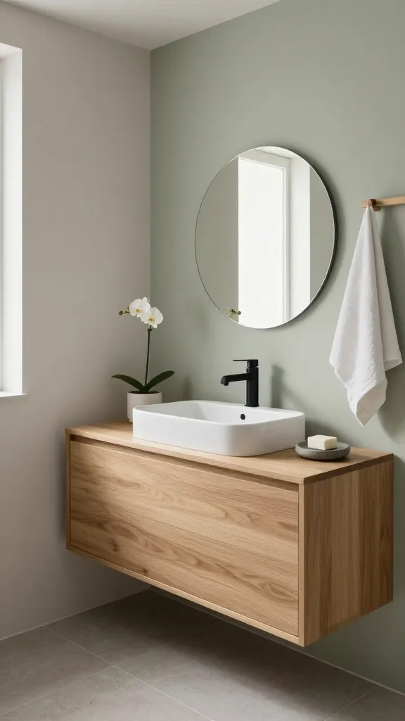 An eye-level, wide-angle shot capturing the serene and minimalist interior of a small Japandi-style bathroom. The design perfectly blends Japanese simplicity with Scandinavian warmth. A floating vanity crafted from light oak wood features a clean, white ceramic basin and a sleek, matte black faucet. The walls are painted in a soft greige, with a subtle sage green accent wall creating a calming focal point. The floor is laid with large, textured greige ceramic tiles. Above the vanity, a simple, frameless round mirror reflects the soft, diffused natural light entering the room. On the light oak countertop, a small, smooth grey stone dish holds a bar of white soap, placed next to a single elegant white orchid in a minimalist white ceramic pot. A neatly folded, soft white linen hand towel hangs from a discreet light wood rail on the wall. The space feels profoundly calm and intentional, with a focus on natural materials and muted, earthy colors, creating a luxurious and tranquil retreat. High-resolution, realistic photograph, natural lighting.