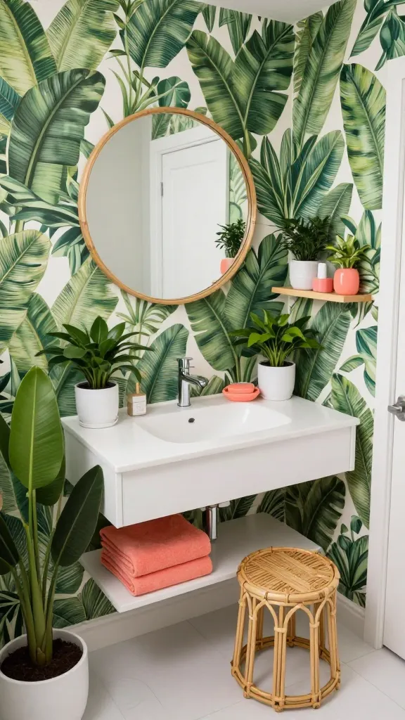 A high-angle, wide-shot, professional interior photograph of a small, luxurious tropical-themed bathroom. The accent wall behind the sleek white vanity is adorned with a vibrant, detailed banana leaf pattern wallpaper, instantly transforming the space. A round mirror with a natural bamboo frame hangs above the modern white sink with a minimalist chrome faucet. A stylish, small bamboo stool is positioned adjacent to the vanity, adding warmth and texture. Abundant real-looking, lush green plants in elegant white pots are strategically placed: a tall, slender plant in a corner, and smaller potted plants on the vanity and a floating shelf. Neatly folded, plush coral-colored towels are stacked on a small shelf, and a matching coral soap dish sits beside the sink, providing a vibrant color pop. The room is bathed in soft, natural light, creating an airy, refreshing, and expensive-looking mini-getaway ambiance. No text.
