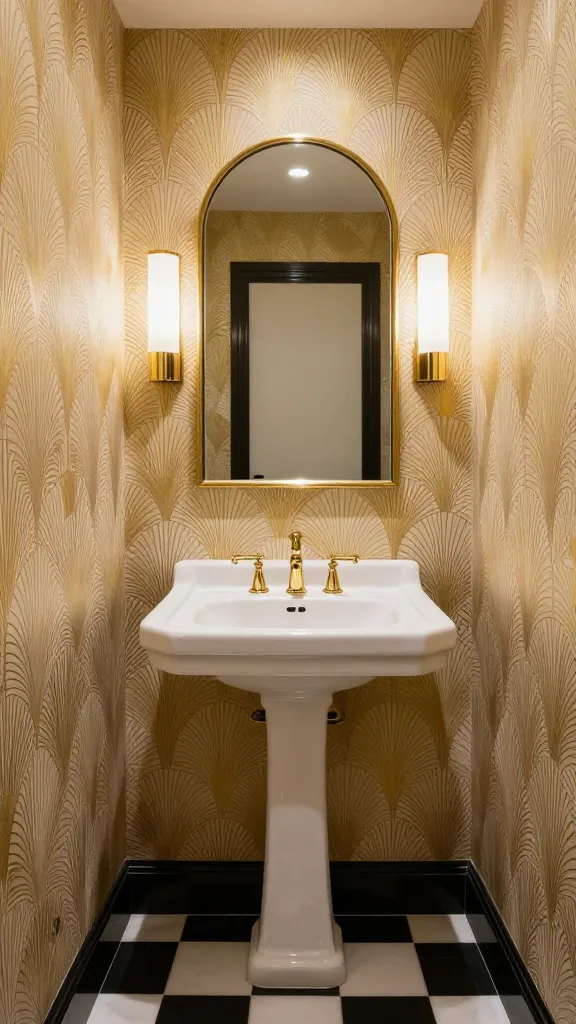 A high-definition, realistic photograph of a luxurious small Art Deco bathroom. The walls are adorned with a sophisticated gold and cream geometric fan-motif wallpaper. A sleek, white pedestal sink features angular, polished gold fixtures. Above the sink, a prominent arch-shaped mirror with a slender gold frame reflects the space. The floor is laid with classic black and white checkerboard tiles. Soft, elegant lighting from a discreet wall sconce enhances the metallic accents and makes the compact room feel grand and opulent.