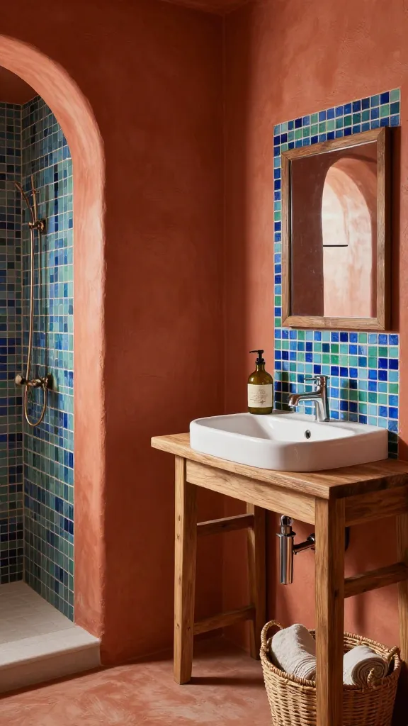 A small, sun-drenched Mediterranean bathroom, exuding a warm, earthy, and charming atmosphere. The walls are finished in a rich terracotta hue with a subtle textured plaster effect. A small mosaic tile accent, featuring deep blues and greens, is integrated into the design, perhaps as a border along the vanity or within a shower niche. A rustic wooden vanity holds a pristine white sink, beside which a ceramic olive oil bottle repurposed as a soap dispenser adds an authentic touch. A woven basket sits on the floor, holding rolled linen towels. Natural light softly illuminates the space, enhancing the natural textures and inviting feel. High-resolution, realistic interior design photography, no text.