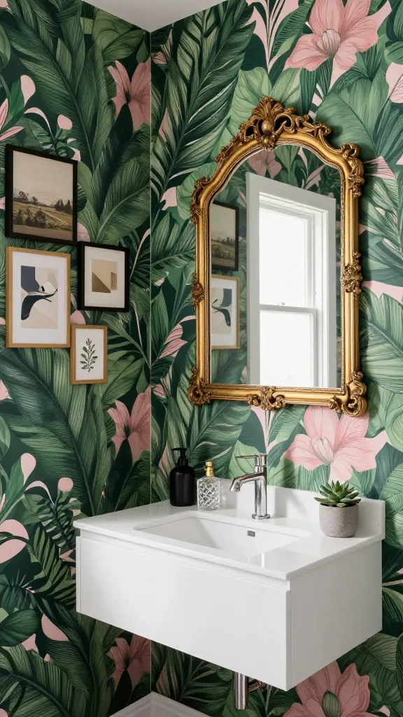 A high-quality, realistic photo of a small, eclectic bathroom. The main wall features a bold, unexpected large-scale botanical wallpaper in deep greens and muted pinks. A sleek, wall-mounted modern vanity with a smooth white countertop and integrated sink is positioned against this vibrant background. Above the vanity hangs a magnificent, ornate antique gold-framed mirror with intricate detailing, contrasting beautifully with the contemporary vanity. To the left of the mirror, a carefully curated gallery wall displays three to five small, mismatched art prints in various frames (e.g., a vintage landscape, a modern abstract, and a small botanical illustration), adding depth and personality. On the vanity, a mix of accessories includes a minimalist black soap dispenser, a delicate vintage cut-glass perfume bottle, and a small potted succulent. The lighting is bright and natural, highlighting the rich textures and diverse elements, creating a unique and sophisticated atmosphere. No text.