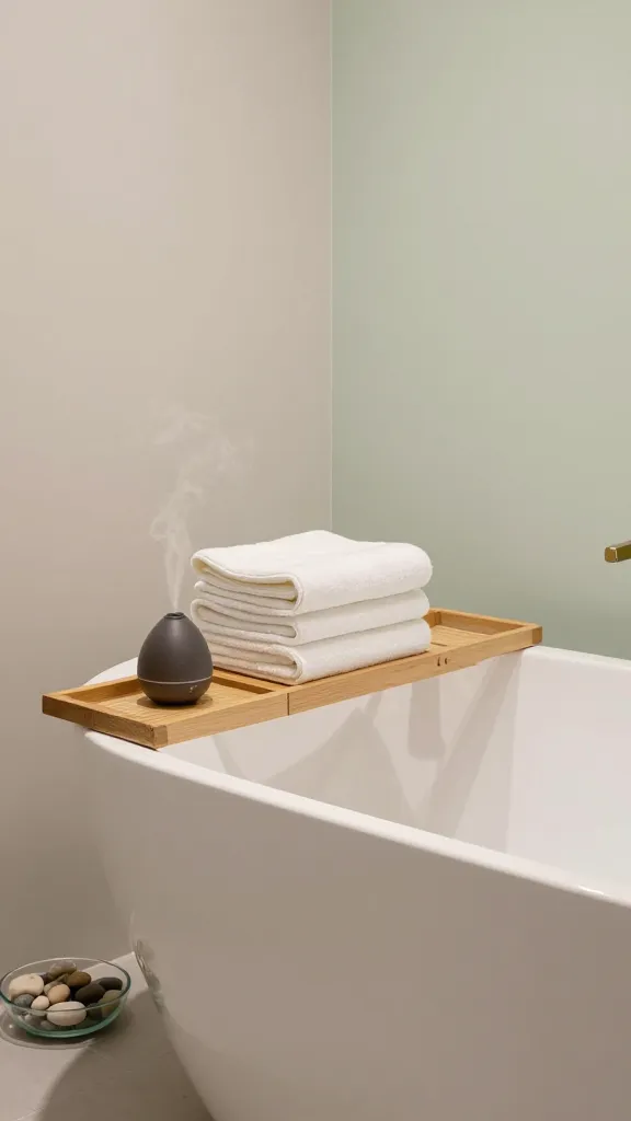 A high-quality, realistic photograph capturing a small, tranquil spa-inspired bathroom. Soft, diffused ambient lighting illuminates the space, creating a serene and calming atmosphere. The walls are painted in a neutral off-white, with a subtle pale green accent wall providing a touch of color. A sleek, white freestanding soaking tub is positioned prominently, with a simple, light-toned wooden bath tray resting across its rim. On the tray, a small, elegant essential oil diffuser gently emits a subtle mist, alongside a neatly folded stack of thick, plush off-white towels. On a light gray vanity countertop, a clear glass dish is filled with smooth, polished river pebbles. The scene is meticulously clean, uncluttered, and styled to evoke relaxation and rejuvenation, rendered with natural colors and textures.