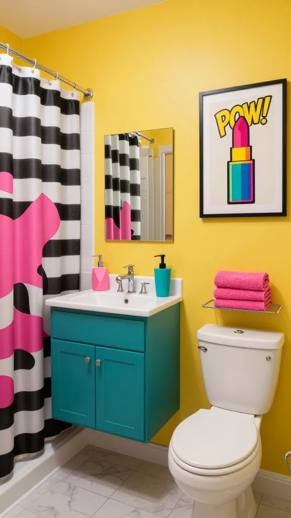 A high-resolution, realistic photo of a small bathroom bursting with playful Pop Art energy. The walls are painted a cheerful bright yellow, creating a vibrant backdrop. A sleek teal floating vanity with a white countertop and modern chrome faucet anchors one side. The shower features a bold black and white striped shower curtain with abstract hot pink graphic elements. Above the toilet, a framed quirky pop art print depicting a stylized, vibrant comic-book-style illustration of a common object (e.g., a giant, colorful lipstick or a speech bubble with 'POW!') hangs prominently. Fun, graphic accessories like a geometric pink soap dispenser and a teal tumbler are arranged on the vanity. Fluffy pink hand towels are neatly folded on a small wall shelf. The lighting is bright and inviting, highlighting the contrasting colors and patterns. No text on image.