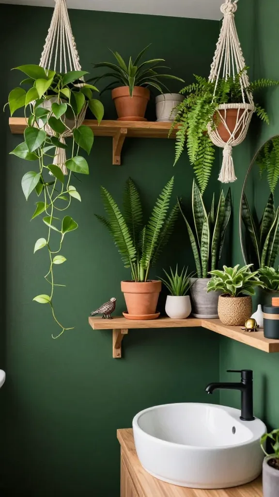A high-quality, realistic photo of a small, luxuriously styled "Urban Jungle Retreat" bathroom. A striking, rich dark green accent wall provides a dramatic backdrop for an abundance of vibrant, humidity-loving plants, including cascading pothos, delicate ferns, and architectural snake plants. These plants are artfully arranged on natural light wood floating shelves, a rustic wooden ladder shelf, and suspended from the ceiling in simple macrame hangers. They are potted in a variety of simple, earthy terracotta, ceramic, and woven containers. Nestled among the greenery are a few subtle, small animal figurines, like a ceramic bird or a brass beetle. A minimalist white ceramic sink with a sleek matte black faucet sits on a simple vanity. Soft, natural light illuminates the space, enhancing the lush textures and creating a serene, breathable, and expensive-looking oasis. No text.
