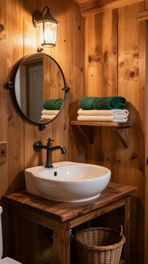 A high-quality, realistic photograph capturing a cozy small rustic cabin bathroom. The focal point is a wall featuring a prominent section of warm, reclaimed wood paneling. A simple, white ceramic vessel sink rests on a dark, rustic wood countertop. Above the sink, a round mirror with a distressed wrought iron frame is mounted, reflecting a soft, warm light. A wrought iron wall-mounted faucet extends over the sink. Neatly folded textured towels in cream and deep forest green are stacked on a small, wall-mounted reclaimed wood shelf positioned beside the mirror. A small, antique-style lantern light fixture with a warm glow hangs above the mirror. A simple woven rattan basket rests on the floor next to the vanity, adding to the grounded comfort. The lighting is soft and inviting, highlighting the natural textures and earthy tones, creating a sense of budget-friendly luxury.