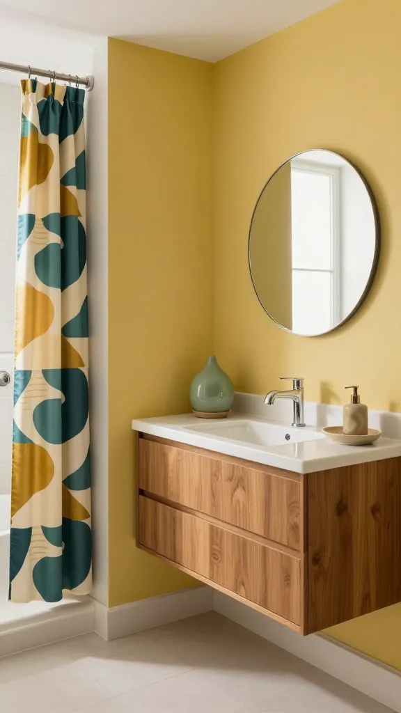 A high-quality, realistic photo of a compact mid-century modern bathroom, exuding a retro-chic sophistication. The space is bright with soft, natural light, highlighting a vibrant yet muted color palette. A prominent accent wall is painted in a muted mustard yellow, while a shower area is defined by a striking geometric print shower curtain featuring abstract shapes in teal, mustard, and cream. A sleek, thin-framed round mirror hangs above a floating teak wood vanity with clean lines. On the vanity, an avocado green ceramic planter and a couple of other ceramic accessories with organic shapes, such as a soap dispenser or small dish, are artfully arranged. The flooring is a simple, light-colored tile, contributing to the overall clean and effortlessly stylish aesthetic that feels expensive and thoughtfully designed, reminiscent of the iconic cool of the 1950s and 60s. No text.