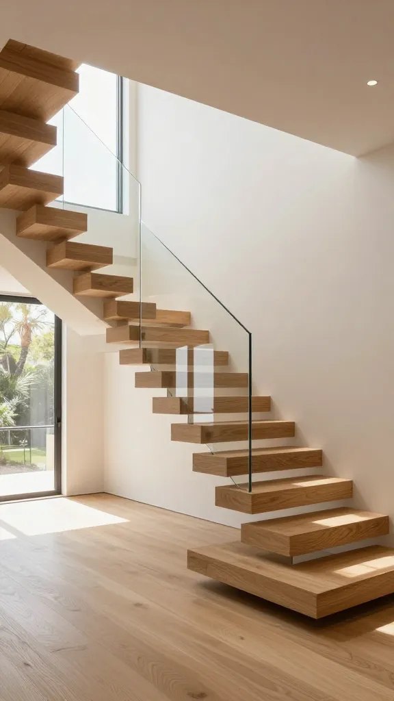 A high-angle, professional architectural photograph showcasing a minimalist, open-concept living space flooded with natural light. The focal point is a stunning floating timber staircase featuring individual, thick oak treads cantilevered directly from a pristine, light-colored wall, creating an illusion of defying gravity. A sleek, frameless glass balustrade runs alongside the staircase, reflecting the ample sunlight streaming in from large windows, which enhances the overall feeling of effortless expansiveness. The warm, inviting tones of the oak wood provide a sophisticated contrast to the bright, uncluttered interior, connecting the floors with elegant simplicity. The scene embodies modern luxury and spaciousness, with high-end finishes. No text.