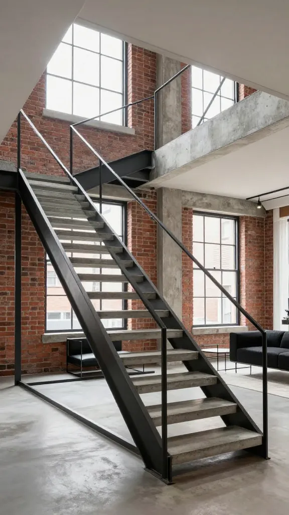 A wide, professional architectural interior photograph showcasing an industrial chic living space. The centerpiece is a striking open staircase, constructed with a raw steel frame and smooth, polished concrete treads, featuring open risers that emphasize verticality and maintain unobstructed sightlines, making the space feel expansive. The surrounding walls are crafted from exposed red brick, enhancing the loft-like aesthetic. Throughout the room, black metal accents are subtly integrated, appearing in minimalist furniture frames, lighting fixtures, and decorative elements. Natural light floods the space from large windows, illuminating the rich textures of the materials and creating a bright, airy atmosphere. The design embodies an edgy, modern urban dwelling, feeling sophisticated and spacious. High resolution, realistic, sharp focus, no text.