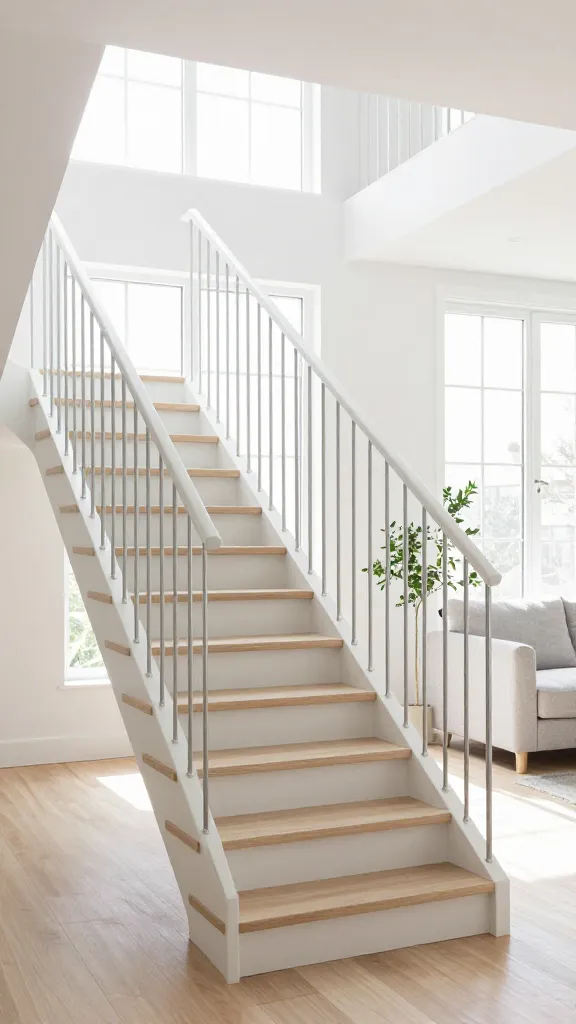 A high-quality, realistic photograph capturing a stunning, open Scandinavian-style staircase as the focal point in a bright, airy home interior. The staircase features pristine matte white stringers and smooth, pale ash wood treads. A minimalist balustrade composed of delicate, thin vertical matte silver metal rods extends from the treads, allowing maximum natural light penetration throughout the space. Abundant natural light streams through large, unadorned windows, illuminating the clean lines and creating a serene, expansive atmosphere. The surrounding walls are a crisp white, and the flooring is a light, natural wood, emphasizing the feeling of spaciousness. Subtle, minimalist Scandinavian decor, such as a light grey linen sofa and a simple potted plant, are visible in the background, reinforcing the hygge aesthetic without clutter. The overall impression is one of tranquility, fresh air, and elevated simplicity.