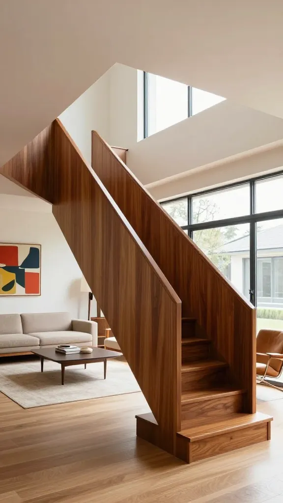 A high-quality, realistic photograph of a spacious, light-filled Mid-Century Modern living room. Dominating the scene is a striking open staircase crafted from rich, warm walnut, featuring clean lines and slightly angled treads. A single, sleek handrail is elegantly integrated into a low-profile wall running alongside the staircase. This architectural element connects the levels with sophisticated warmth, contributing to the room's expansive feel. The living area is furnished with authentic vintage Mid-Century Modern pieces, including a low-profile sofa and an iconic armchair, complemented by a vibrant abstract art piece on the wall. Natural light floods the space through large windows, accentuating the beautiful walnut grain and the airy, uncluttered aesthetic. The perspective is a wide, inviting shot, showcasing the staircase as both a functional and artistic centerpiece.