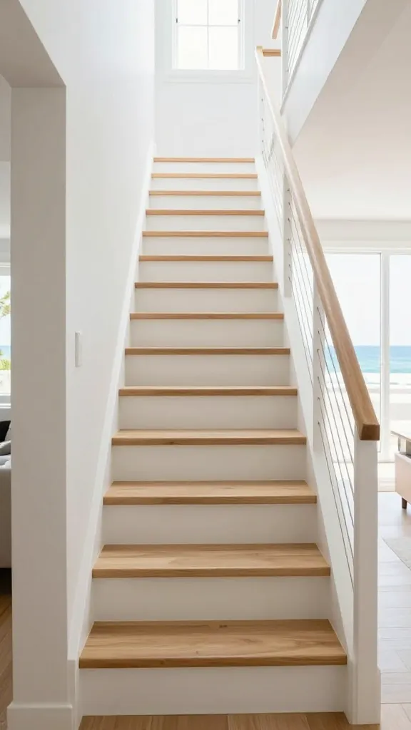 A realistic, high-quality photograph of a bright, airy coastal home interior, centered on an open staircase. The staircase features crisp white painted stringers and subtly textured, light driftwood-inspired wooden treads. A minimalist railing, composed of thin, taut cables or natural rope, runs cleanly alongside, ensuring an unobstructed view and enhancing the light, breezy atmosphere. Abundant natural light streams into the space, illuminating the serene, vacation-home aesthetic. No text on image.