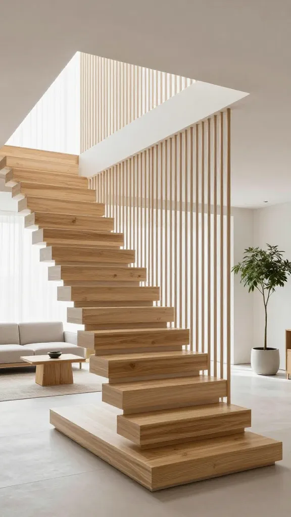 A high-resolution, professional architectural photograph of a modern Japandi-style open-plan living space featuring a prominent, minimalist open staircase. The staircase boasts smooth, light-toned bamboo treads that appear to float. Its balustrade is exceptionally delicate and almost invisible, constructed from widely spaced, slender vertical slats of pale, natural wood, subtly reminiscent of shoji screens, allowing light to pass through effortlessly. The entire space is bathed in abundant, soft, diffused natural light, creating a serene and calming environment with gentle shadows. The surrounding decor is sparse and functional, including a low-profile Scandinavian-style sofa in a neutral tone, a simple wooden side table, and a large, elegant indoor plant in a minimalist pot. The color palette is dominated by whites, light grays, and natural wood tones, emphasizing tranquility, openness, and clean lines.