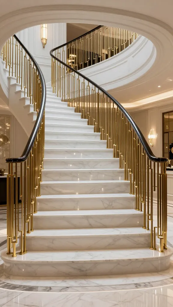 A high-quality, realistic photograph of a luxurious Art Deco open staircase as the grand centerpiece of an opulent, spacious interior. The staircase boasts gleaming, polished brass balusters arranged in elegant, subtle geometric patterns, supporting a sleek, dark handrail. Each wide tread is crafted from exquisite, highly reflective white marble, catching and bouncing the soft, warm ambient light. The entire design exudes sophisticated old Hollywood glamour, maintaining an open and airy feel, with every surface meticulously detailed to enhance the sense of luxury and grandeur. The perspective captures the staircase's impressive scale and the interplay of light on its reflective materials.