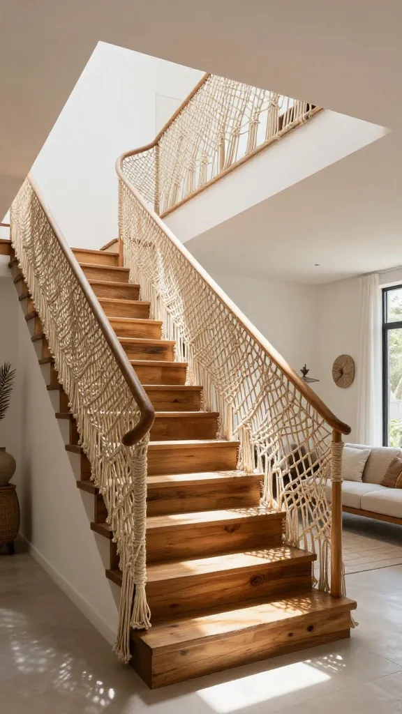 A high-quality, wide-angle photograph of an open staircase in a bright, modern bohemian home. The staircase features chunky, rustic reclaimed wood treads, providing a warm, earthy foundation. In place of traditional balusters, an intricate, hand-knotted macrame netting railing crafted from natural fibers extends gracefully from floor to ceiling, allowing abundant natural light to filter through and creating beautiful shadow play. The design feels effortlessly cool, inviting, and full of free-spirited character, making the space feel expansive. Sunlight bathes the scene, highlighting the textures of the wood and macrame. The surrounding interior is tastefully minimalist with subtle bohemian accents.