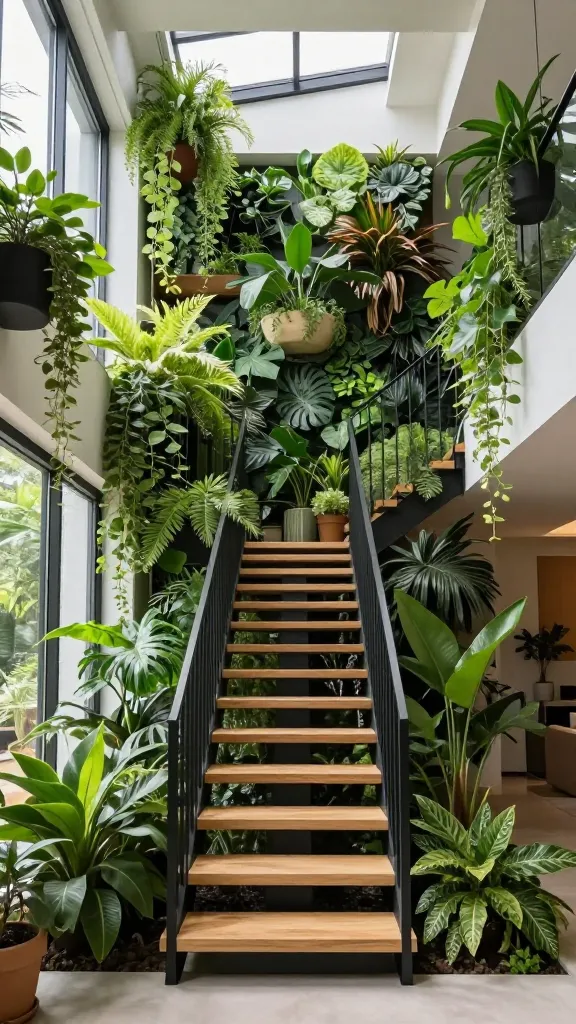 A stunning, high-definition, eye-level photograph capturing a modern open staircase as the focal point within a bright, spacious home. The staircase features sleek light wood treads, minimalist black metal railings, and prominent open risers. It is enveloped by an expansive, vibrant living wall that ascends vertically across multiple floors, brimming with a diverse array of lush green plants, creating a true urban jungle oasis. Cascading vines and hanging planters with rich foliage elegantly drape from the upper levels, intertwining with the staircase and making it feel as if one is climbing through a garden. Abundant natural light pours in from large, strategically placed windows, illuminating the intricate textures of the leaves and highlighting the dynamic connection between the floors. The overall atmosphere is serene, biophilic, and exudes a sophisticated, contemporary interior design aesthetic. Realistic photography, no text.