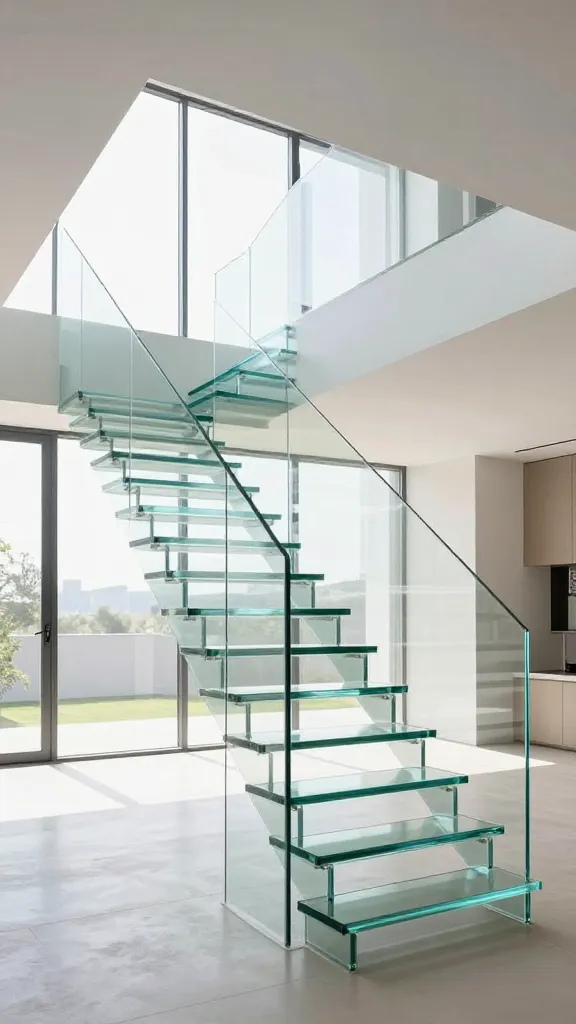 A high-quality, realistic photograph capturing a breathtaking modern open staircase. The staircase is crafted almost entirely from crystal-clear structural tempered glass treads and balustrades, creating an "invisible" effect as it gracefully ascends. It seamlessly integrates into a bright, minimalist contemporary home interior featuring high ceilings and expansive floor-to-ceiling windows that flood the space with abundant natural light. The transparent design allows for maximum light penetration and an uninterrupted visual flow, making the spacious room feel infinitely larger and more sophisticated. The surrounding architecture features clean lines, light-toned walls, and polished concrete floors, emphasizing the daring, modern aesthetic and the ultimate illusion of space. No text.
