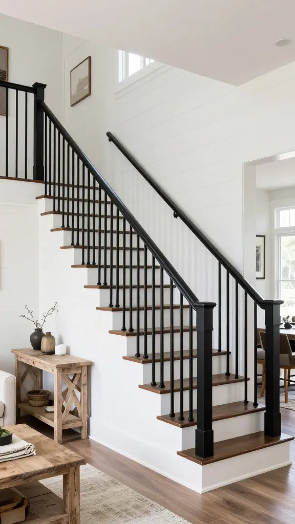 A high-resolution, wide-angle interior photograph showcasing a modern farmhouse living room or entryway. The central focal point is a striking open staircase featuring bold, vertical black metal balusters paired with sturdy, clean white-painted wood treads, creating a dramatic black and white contrast that defines the space without enclosing it. The surrounding walls are covered in pristine white shiplap, and the room is furnished with thoughtfully placed distressed light wood furniture, such as a rustic console table or a coffee table, complemented by soft, textured natural fiber accents. Abundant natural light floods the scene, enhancing the clean lines, the contrasting textures, and the inviting, contemporary rustic charm of the modern farmhouse aesthetic. Professional interior photography, no text.