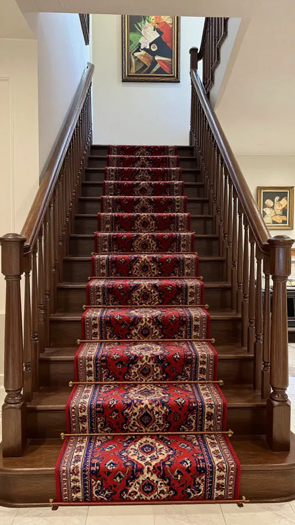A high-quality, realistic photo of a grand open staircase in a luxurious home. The staircase features rich, dark wood treads and open risers that reveal a tastefully decorated wall behind. An exquisitely vibrant and intricately patterned Persian rug runner gracefully ascends the stairs, adding warmth and global flair. The surrounding decor hints at a collected, curated, and eclectic aesthetic, creating an inviting and grand atmosphere. Soft natural light illuminates the scene.