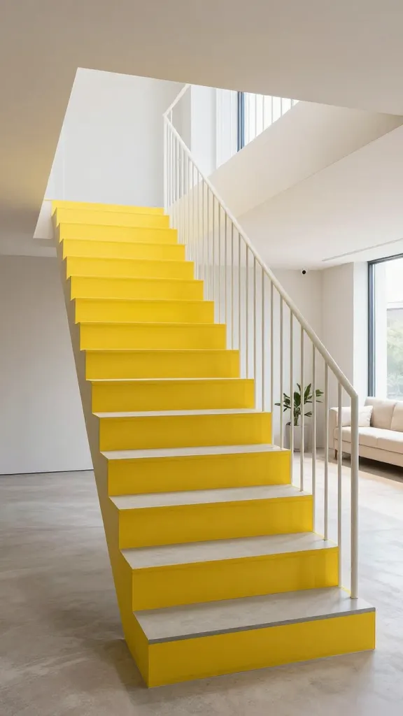 A high-quality, realistic professional architectural photograph capturing a modern, open-concept interior. The focal point is a striking open staircase featuring vibrant, bright yellow risers that create a playful pop of color against sleek, light gray concrete treads. The balustrade is composed of minimalist, thin white metal rods and a matching handrail, maintaining an airy and unobstructed view. This cheerful staircase acts as an art installation within a spacious, sun-drenched living area with neutral walls and large windows, enhancing the feeling of openness and youthful energy. No text on image.