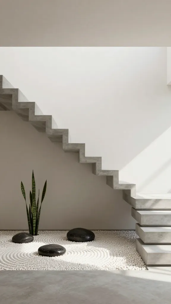 A serene, minimalist modern home interior, showcasing an open staircase with thick, polished light grey concrete treads that dramatically float from a pristine, unobtrusive off-white wall. Beneath the floating steps, a meticulously arranged small zen rock garden features raked white pebbles and several smooth, dark river stones, perfectly complemented by a single, elegant tall snake plant. Soft, diffused natural light streams into the space, creating subtle shadows and highlighting the clean lines and textures, fostering an overwhelming sense of calm, connection to nature, and expansive spaciousness. Realistic, high-quality photograph, no text.