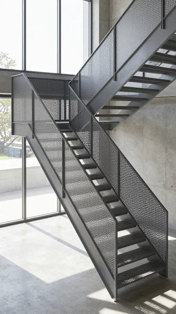 A high-angle, realistic photograph capturing a sleek industrial minimalist open staircase within a sun-drenched contemporary loft. The staircase features lightweight, dark gray perforated metal treads and integrated balustrades, designed to be visually light. Abundant natural light streams from large, floor-to-ceiling windows, filtering through the tiny holes of the perforated metal, casting intricate, dynamic shadow patterns across the polished concrete floor and adjacent exposed concrete wall. The scene emphasizes an airy, expansive atmosphere, highlighting the subtle texture and functional elegance of the staircase as it ascends, creating a striking focal point without visual heaviness. Minimalist decor and high ceilings complete the modern loft setting.