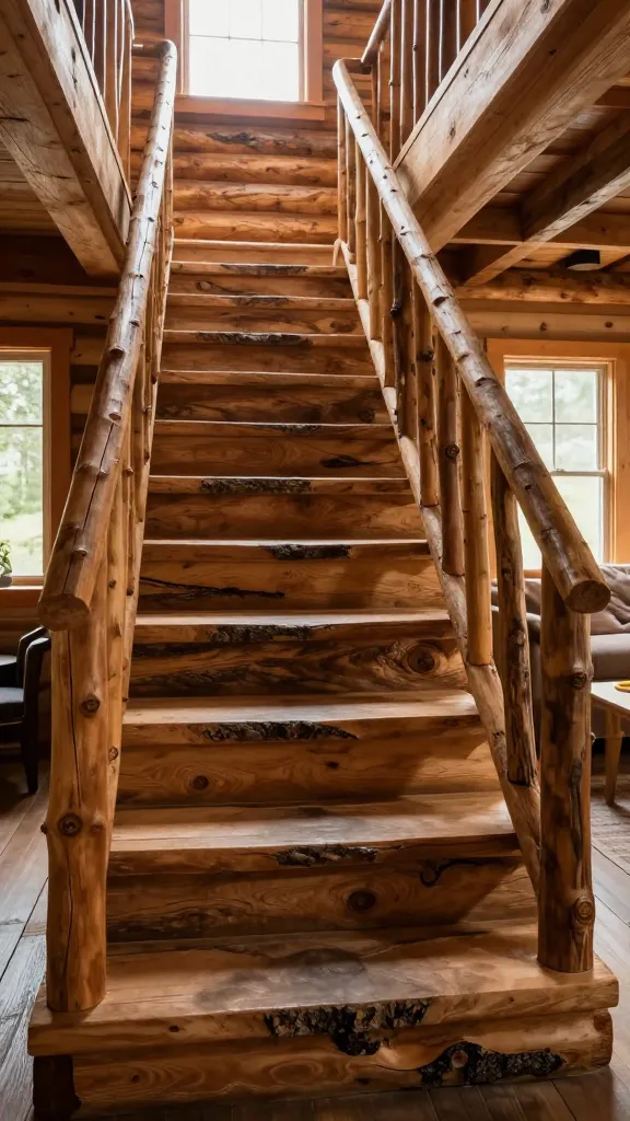A high-quality, realistic photograph of an open staircase in a rustic cabin interior. The staircase features thick, actual log slices with their natural bark edges as treads, creating a unique and organic pathway. A simple, sturdy railing crafted from natural, unrefined branches complements the log treads, maintaining an earthy aesthetic. The staircase ascends gracefully, keeping the space airy and connected, bathed in warm, inviting natural light filtering through nearby windows. The surrounding decor subtly reinforces the cabin charm, with natural wood tones and cozy textures, enhancing the feeling of bringing the outdoors in. No text.