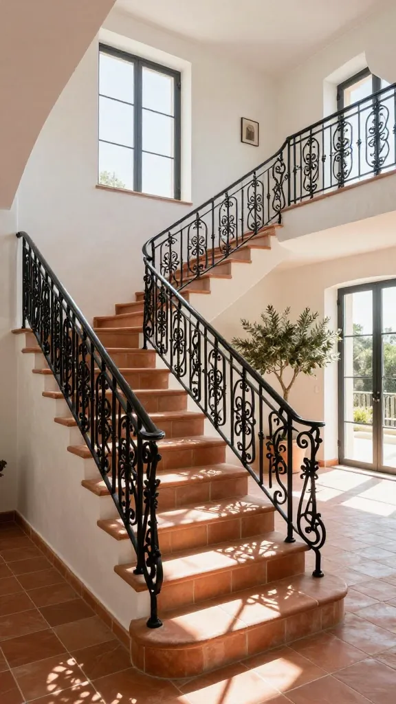 A sun-drenched, open Mediterranean staircase featuring warm terracotta tile treads and elegantly intricate black wrought iron balustrades. The staircase is the focal point of a spacious, airy villa interior, bathed in bright natural light streaming from large windows that emphasize the light and air flow. The walls are a light, textured plaster, creating an expansive and inviting atmosphere. A large potted olive tree subtly complements the Mediterranean aesthetic nearby. High-quality architectural photo, realistic, sharp focus, natural colors, no text.