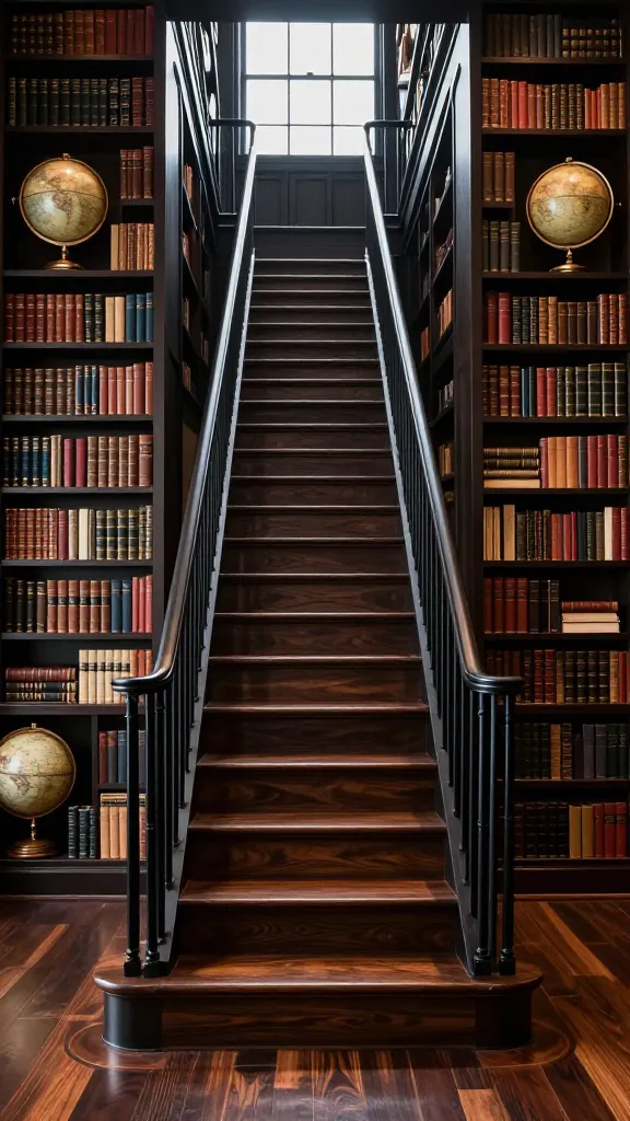 A high-resolution, professional architectural photograph showcasing a sophisticated Dark Academia inspired interior. The focal point is a grand open staircase, featuring rich, dark mahogany wood treads and a sleek, minimalist matte black metal frame and balustrade. The open risers are prominent, allowing abundant natural light to penetrate deeply into the space, creating a surprisingly open feel amidst the moody aesthetic. The staircase is majestically flanked on both sides by tall, built-in bookshelves, meticulously filled with an array of leather-bound books, antique globes, and subtle vintage decor, extending from floor to ceiling. The polished dark wood floor reflects the warm, inviting ambient light, enhancing the intellectual and luxurious atmosphere.