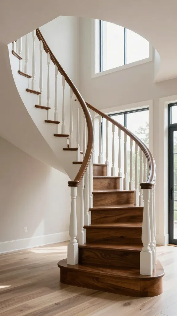 A high-resolution, professional architectural photograph of a bright, elegant transitional home interior, featuring a prominent open staircase as the focal point. The staircase is designed with subtly curved and uniquely shaped, artfully sculptural white painted wood spindles that create an airy, artistic pattern, allowing light and views to pass through effortlessly. The treads are crafted from rich, dark polished wood, providing a striking, refined contrast against the crisp white spindles. A sleek, dark wood handrail complements the treads. Abundant natural light streams into the space from large windows, illuminating the staircase and the surrounding neutral-toned walls and light-colored wide plank flooring. The overall aesthetic is refined, spacious, and bridges traditional warmth with modern minimalism, emphasizing an elegant sense of openness. No text.