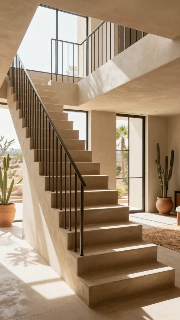 A realistic, high-quality photograph of an open staircase in a desert modern home. The staircase features wide, warm sandy-toned concrete treads with a smooth, matte finish, appearing to float from a light, textured stucco wall. A simple, unadorned railing made of thin, vertical dark metal rods provides a clean, minimalist line. Abundant natural light floods the scene from large, floor-to-ceiling windows, creating a sun-drenched, expansive atmosphere with soft, long shadows. The surrounding space is decorated with natural textures, including a large potted desert plant and a subtle woven rug in earthy tones, emphasizing a grounded yet airy connection between levels.