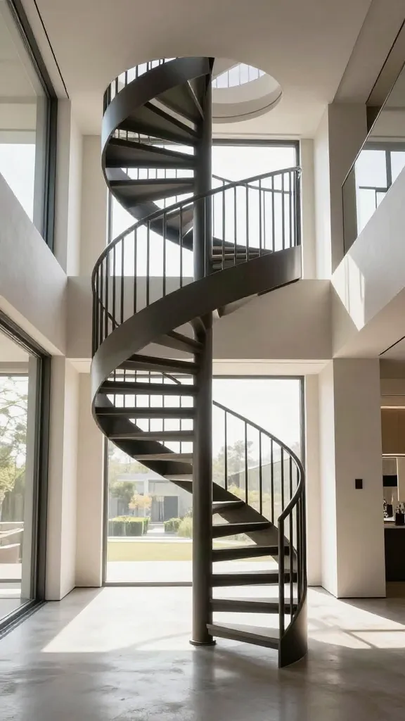 A breathtaking, high-quality interior photograph capturing an open-concept spiral staircase as the focal point in a modern, spacious home. The staircase features slender, dark metal treads spiraling gracefully upwards around a minimalist central pole, completely devoid of solid risers. Abundant natural light streams through large windows, illuminating the elegant, airy form of the staircase and creating a dramatic play of light and shadow. The light pours through every open space, emphasizing its sculptural quality and the sense of openness. The surrounding interior is minimalist, with light-toned walls and polished concrete floors, allowing the staircase to stand out as a work of art. The perspective showcases its height and the spaciousness of the double-height room. Realistic, professional interior photography. No text.