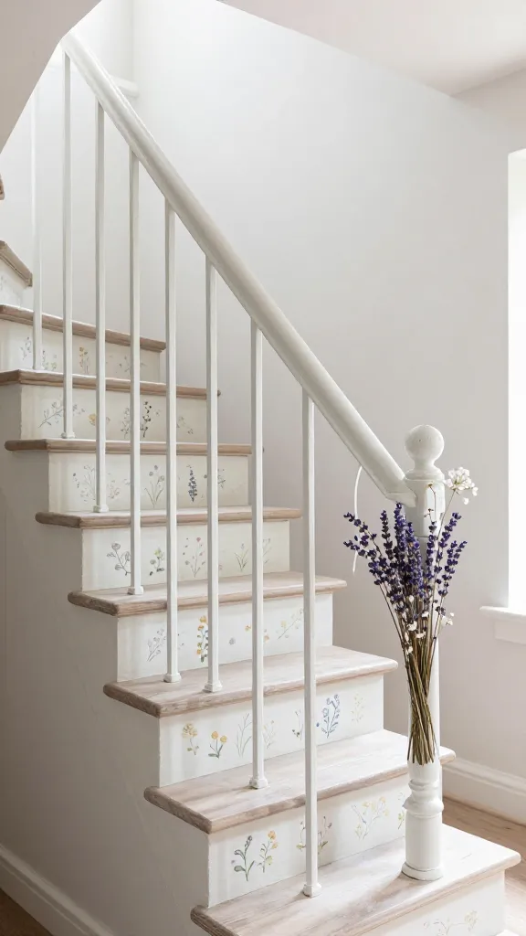 A high-resolution, realistic photograph captures a charming, whimsical open staircase in a bright, airy cottagecore interior. The staircase features distressed pale wood treads and an exceptionally delicate, almost invisible balustrade crafted from slender, widely spaced white metal spindles that emphasize openness. Subtle, hand-painted floral motifs in soft, muted pastel tones adorn the stringers, depicting tiny wildflowers and leaves. A small, artfully arranged sprig of dried lavender and delicate white flowers is gently tucked into the railing at the newel post. Soft natural light streams into the space, illuminating the light-colored walls and creating a cozy, inviting, and wonderfully open storybook atmosphere. No text.