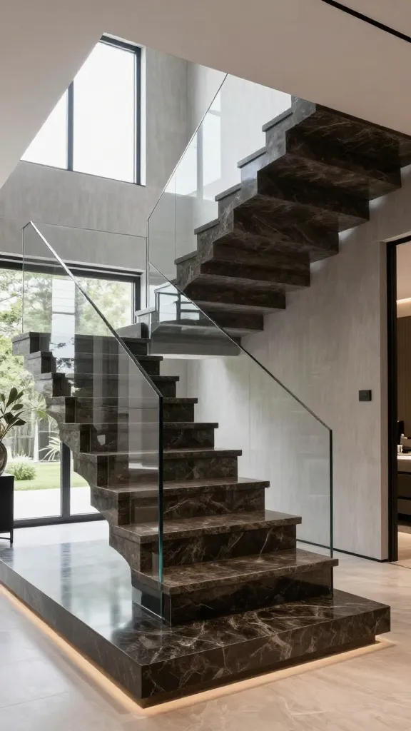 A high-quality, realistic interior design photograph of a grand, open cantilevered staircase in a luxurious modern home entrance. Massive, thick, dark polished granite treads dramatically cantilever directly from a sleek, light-grey textured feature wall. The staircase features open risers and a minimalist, nearly invisible clear glass balustrade, emphasizing its sculptural form and the spaciousness of the foyer. Abundant natural light streams in from large windows, highlighting the rich texture of the stone and the clean architectural lines. The overall atmosphere is one of sophisticated elegance, drama, and expansive openness.