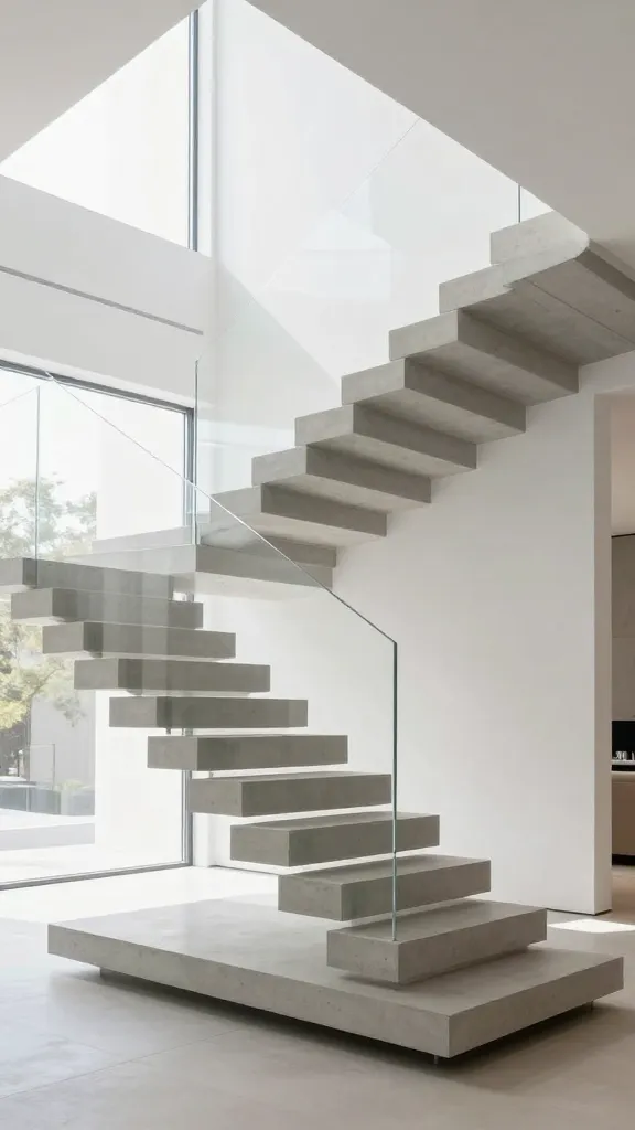 A high-resolution, professional architectural photograph capturing a stunning sculptural floating staircase within a sun-drenched, modern minimalist living space. Individual treads, crafted from smooth, light grey concrete, emerge seamlessly from a clean, pristine white wall without any visible supports, creating an extraordinary sense of lightness and suspension. A minimalist, frameless glass railing extends gracefully along one side, providing safety while maintaining maximum visual transparency. The staircase acts as a central art installation, its sleek lines and architectural precision dominating the frame. Soft, natural light streams in from large, unseen windows, highlighting the textures and the airy, open design. The scene is immaculate, showcasing sophisticated interior design with a focus on clean lines and a serene atmosphere.