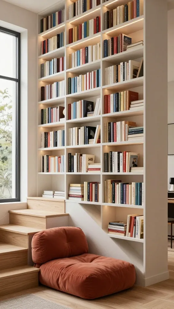 A high-resolution, eye-level interior photograph showcasing a clever library staircase design in a modern small home. Custom-built bookshelves are seamlessly integrated into the wall directly alongside the sleek, light-wood staircase, appearing as a natural extension of the passage. The shelving units, painted in a soft, matte off-white, are filled with an eclectic mix of books, each shelf subtly illuminated by warm, integrated LED strip lighting that highlights the spines. At the base of the staircase, a comfortable, oversized floor cushion in a rich terracotta hue is nestled, creating an inviting reading nook. Bright, natural light filters in from a large window to the side, enhancing the cozy and sophisticated atmosphere. The design maximizes space, blending functionality with aesthetic appeal. Realistic, sharp focus, no text.