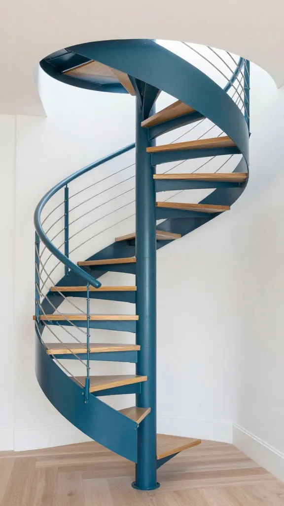 A high-quality, realistic photograph capturing a stunning, contemporary spiral staircase in a bright, minimalist small home interior. The staircase features a central column and structural elements crafted from deep teal powder-coated metal, creating a bold yet sophisticated anchor. Thin, light oak wooden treads are elegantly cantilevered from the central structure, offering warmth and a striking contrast. A sleek, almost invisible multi-strand cable railing system extends upwards, ensuring an open, airy feel while providing safety. The staircase itself is a sculptural masterpiece, its graceful curves drawing the eye upwards and adding an unexpected sense of grandeur to the compact space. Soft, diffused natural light bathes the scene, accentuating the textures and clean lines. No text.