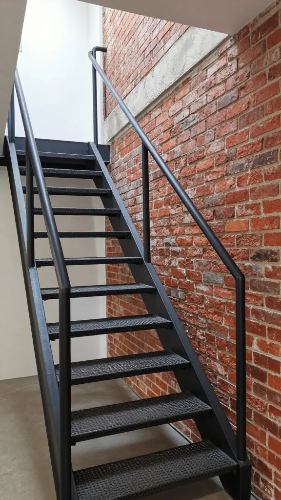 A realistic, high-quality, eye-level photograph capturing an industrial loft staircase in a compact, modern home. The staircase features sturdy, perforated metal treads and open metal grating, creating a transparent, utilitarian design. Sleek black steel pipe railings provide a minimalist and robust handhold. An exposed red brick wall runs alongside the staircase, adding an authentic urban loft vibe and textural contrast. The overall aesthetic is edgy, raw, and stylish, making a bold statement in the small space. Natural light illuminates the scene, highlighting the textures of the metal and brick. No text.