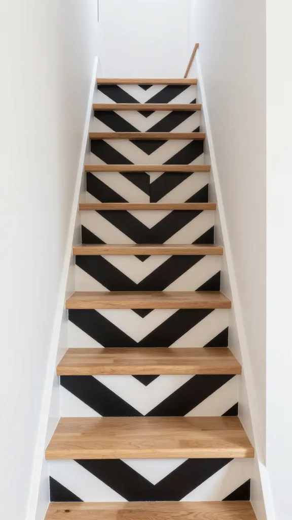 A realistic, high-quality, eye-level photograph of a compact, modern staircase in a bright, small contemporary home. The staircase features a striking, bold monochromatic geometric pattern of black and off-white chevron on each riser, creating a dynamic visual focal point. The treads are made of light, polished natural wood, providing a warm contrast. The surrounding interior is minimalist with clean, white walls and subtle, modern decor, ensuring the staircase stands out as a statement piece. Soft, natural light illuminates the scene, enhancing the textures and patterns.