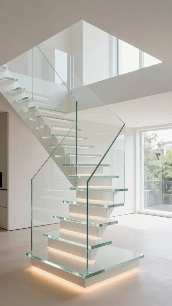 A high-quality, realistic photograph capturing a stunning transparent staircase in a modern, small open-concept home. The staircase features thick, clear acrylic treads that appear to float, complemented by almost invisible tempered glass railings secured with minimal, discreet hardware. Subtle under-tread lighting casts a soft, warm glow, illuminating the steps and creating a futuristic, ethereal effect. The design emphasizes an illusion of incredible openness and expansiveness, allowing natural light to flow unhindered through the multi-level dwelling, making the compact interior feel airy and vast. The overall aesthetic is chic, minimalist, and light-filled.