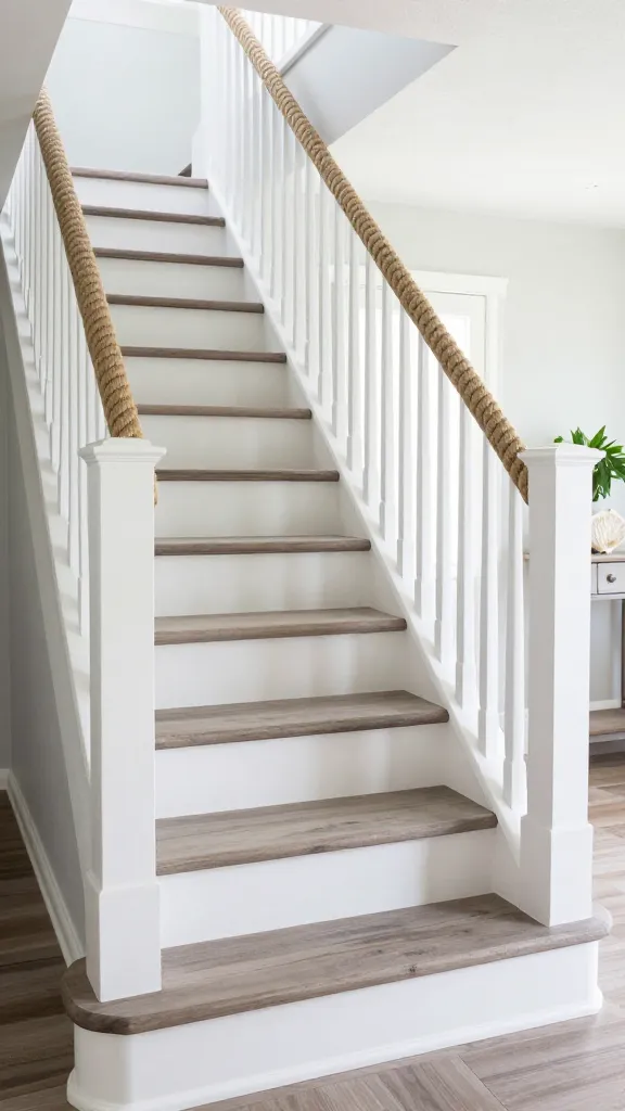 A realistic, high-quality eye-level photograph of a beautifully designed coastal retreat staircase in a small, sunlit home. The staircase features wide treads made of weathered, driftwood gray wood, perfectly contrasted by crisp white painted risers and classic white painted balusters. A substantial, natural rope-wrapped handrail provides a tactile and authentic beach house feel. Abundant soft, natural light bathes the scene, highlighting the textures and creating a serene, inviting atmosphere. The surrounding area is clean and minimalist, with light-colored walls and perhaps a subtle hint of a potted green plant or a decorative shell on a nearby console, enhancing the breezy seaside charm without distracting from the staircase itself. The image captures the calm simplicity and relaxed elegance of a coastal interior.