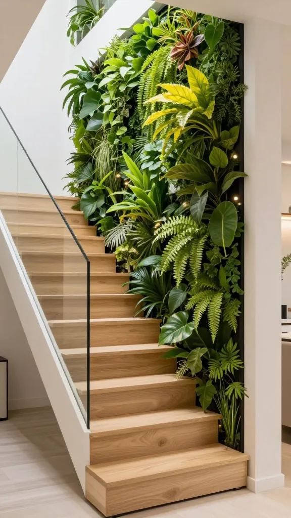 A professional, realistic photograph of a smart, space-saving staircase design in a modern, small home. The staircase features sleek, minimalist steps made of light wood, with clever, integrated storage solutions beneath. Running seamlessly alongside the entire length of the staircase is a vibrant, custom-built biophilic green wall, acting as a living, breathing work of art. The vertical garden system is lush with a variety of easy-care plants, including cascading pothos, vibrant philodendrons, and delicate ferns. Subtle, integrated LED grow lights are discreetly embedded within the green wall, casting a soft, warm glow that enhances the natural textures and colors of the foliage. The surrounding interior is bright and clean, with minimalist decor, emphasizing the fresh, organic beauty and efficient use of space. The overall atmosphere is serene and inviting, showcasing how nature can be integrated into compact living. No text.