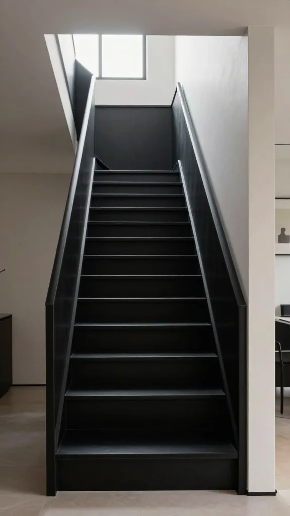 A high-resolution, professional architectural photograph of a sleek, space-saving staircase in a small, contemporary home. The entire staircase, including treads, risers, and a minimalist railing, is uniformly painted in a dramatic matte black hue, creating a powerful monochrome statement. Soft, diffused natural light from a nearby window gently illuminates the scene, highlighting the subtle texture of the matte finish and casting elegant shadows that emphasize its clean lines and sophisticated form. The surrounding interior features light-colored walls and minimalist decor, providing a striking contrast that allows the bold black staircase to command attention as the undeniable focal point, making the small space feel impactful and elegantly dramatic without adding visual clutter.