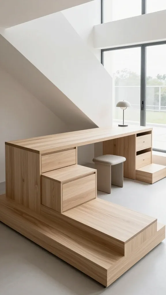 A high-angle, realistic photograph of a sleek, modern staircase in a bright, minimalist small home. The lower treads of the staircase seamlessly extend horizontally to form a cantilevered, built-in desk surface, crafted from light-toned wood or polished concrete. Directly beneath the extended desk, integrated drawers and open shelving units are subtly incorporated into the stair structure, maximizing storage. A compact, ergonomically designed stool is neatly tucked away under the desk. Natural light floods the space from a large window, illuminating the clean lines and efficient design. A small, modern task lamp sits on the desk. The overall aesthetic is functional, sophisticated, and space-saving. No text.