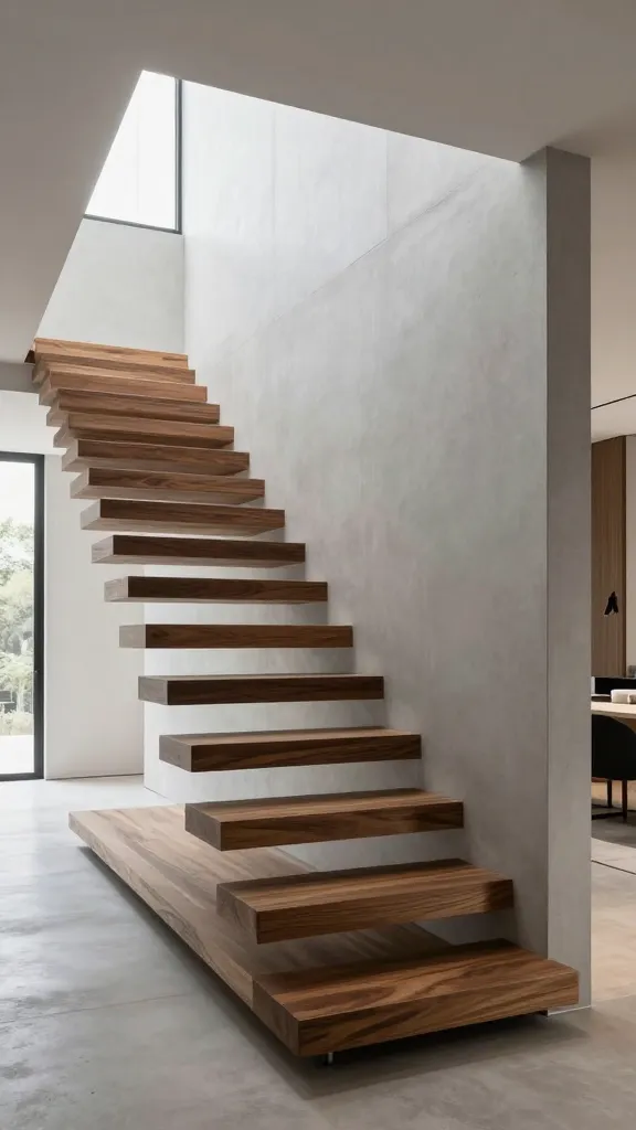 A professional, high-resolution architectural photograph showcasing a dramatic minimalist cantilevered staircase in a sleek, high-end modern small home. Thick, solid dark walnut wood treads extend significantly and individually from a pristine, light-grey concrete wall, creating a bold, sculptural effect. There are no risers, ensuring an open, airy visual flow, and no railing, emphasizing the pure, floating form. Bright natural light streams from a large, unseen window, illuminating the space and highlighting the rich texture of the wood and the clean, sharp lines of the design. The surrounding interior features polished concrete floors and subtle, high-end modern decor, reinforcing a sophisticated and luxurious aesthetic. The focus is on the staircase as a central, artistic statement, blending seamlessly with the minimalist environment.